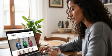 Giovane donna in maglione grigio che naviga sul sito di SHEIN da un laptop a casa, bevendo una bevanda calda, con una pianta verde sullo sfondo.