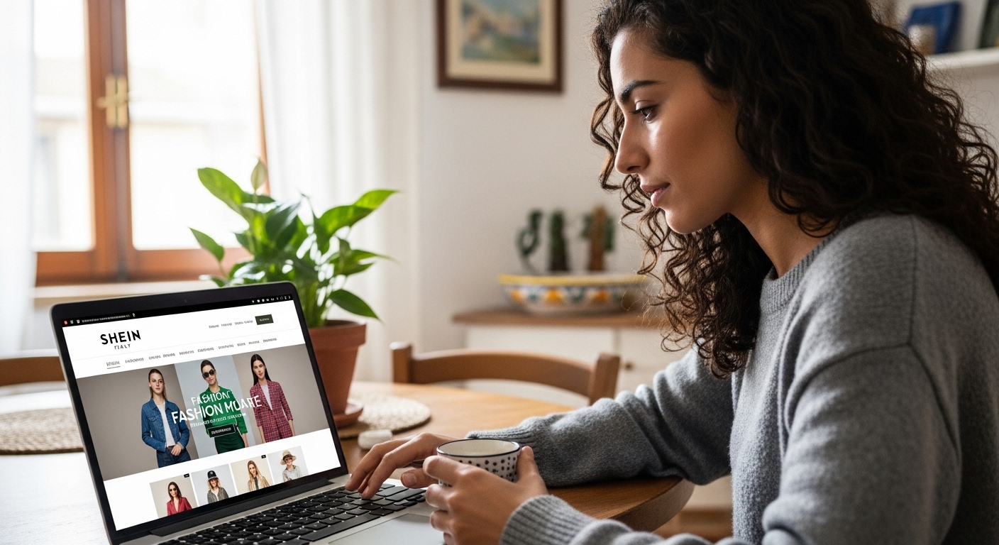 Giovane donna in maglione grigio che naviga sul sito di SHEIN da un laptop a casa, bevendo una bevanda calda, con una pianta verde sullo sfondo.